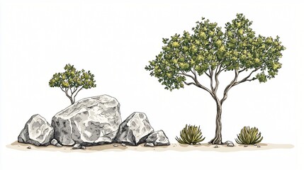 desert landscape illustration rocks, trees, plants. design element