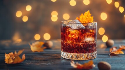 Poster - Elegant cocktail with ice and autumn leaf garnish on rustic wooden table with warm bokeh lights background