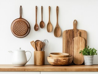 Poster - Rustic kitchen still life with wooden utensils cutting boards bowls and teapot on counter against white wall