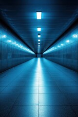 Poster - Futuristic blue tunnel with symmetrical tiled walls and bright ceiling lights creating a sense of depth and perspective in an urban environment