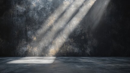 Poster - Dramatic light rays illuminate a textured concrete wall and floor creating a moody and atmospheric interior space for product display or artistic composition