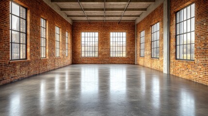 Poster - Spacious empty loft apartment with brick walls and concrete floor illuminated by natural light through large windows