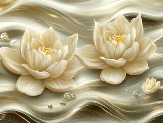 Poster - Elegant floral arrangement featuring creamy white lotus blossoms on a shimmering golden wave background