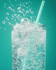 Poster - Refreshing effervescence of sparkling water in tall glass with straw against teal backdrop captures thirst quenching moment