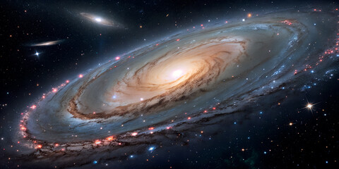 Wall Mural - a spiral galaxy slightly turned toward the observer. several neighboring galaxies surrounding the ma