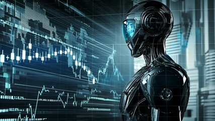 Poster - Futuristic robotic figure analyzing data charts in a high-tech environment with glowing visual elements