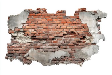 Poster - Weathered brick wall with crumbling plaster a rustic texture showcasing architectural decay and vintage charm perfect for backgrounds and overlays
