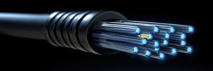 Aufkleber - Optical fiber cable network with glowing connections in a technological environment, symbolizing high-speed data transfer, internet communication, and digital infrastructure systems