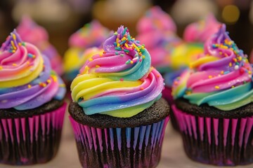 Aufkleber - Colorful cupcakes with neon icing and rainbow sprinkles create a vibrant display in a bakery setting, perfect for any festive occasion