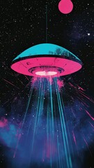 Wall Mural - A pink & teal ufo in space.
