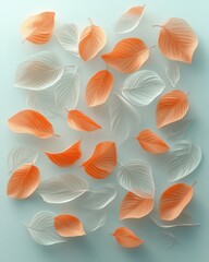 Poster - Elegant arrangement of translucent leaves in warm and cool tones creating a serene and ethereal aesthetic on a soft background