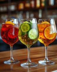 Poster - Refreshing trio of colorful cocktails with citrus and cucumber slices on a wooden bar top vibrant and inviting scene perfect for summer relaxation
