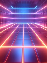 Poster - Futuristic grid room with neon lights glowing in blue and pink colors creating a modern and abstract design perfect for technology backgrounds