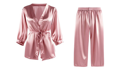 A luxurious pink silk pajama set, including both a jacket and pants, is shown in a front view using a ghost mannequin technique, isolated on a white background