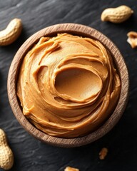 Poster - Creamy peanut butter in wooden bowl with peanuts on slate surface a delicious and healthy snack option for breakfast and lunch with a smooth texture