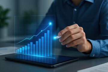 Poster - Financial Growth Visualization: A person's hand interacting with a transparent interface displaying a vibrant chart that illustrates the concepts of business growth and financial success.