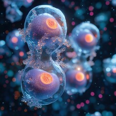 Poster - Microscopic cell division with vibrant nucleus and transparent membrane in a dark blue background