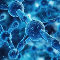 Poster - Microscopic View of Interconnected Molecular Structure in Blue Tones Scientific Visualization