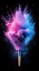 Poster - Makeup brush explodes with vibrant pink and blue powder against a dark background creating a dynamic and artistic visual for beauty and creativity