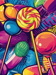 Poster - Vibrant pop-art background with oversized colorful lollipops and dynamic candy shapes creating a playful and energetic atmosphere