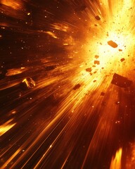 Poster - Dramatic fiery explosion with flying debris and intense light creating a powerful visual impact and dynamic energy