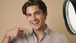 © Ева Поликарпова - A person smiling while pointing at a clock, great for time-related or motivational concepts