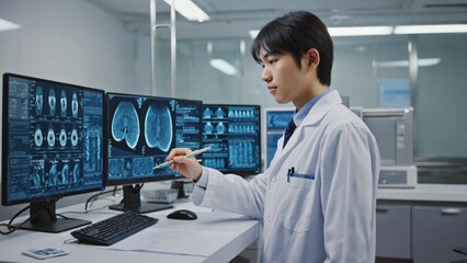 Poster - A man in a lab coat studying information on a computer screen