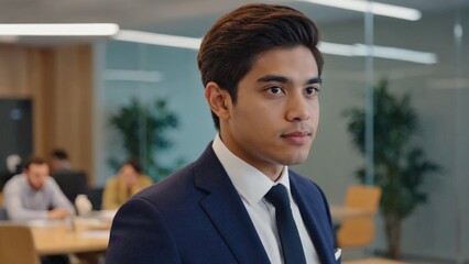 Poster - a professional man in a suit and tie standing in a modern office setting