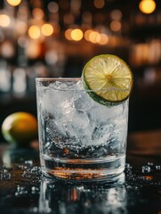 Poster - Refreshing gin and tonic cocktail with lime slice on a bar top with ice cubes and bokeh lights creating a vibrant and inviting atmosphere