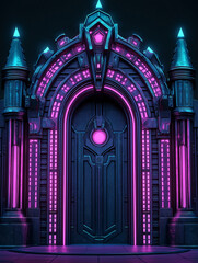 Aufkleber - Majestic futuristic gate glowing with purple neon lights in a dark environment