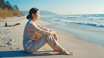 Wall Mural - a woman sits on a beach next to the ocean, enjoying the scenery