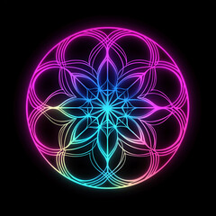 Poster - Glowing neon seed of life mandala representing sacred geometry