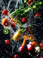 Aufkleber - Vibrant splash of fresh vegetables and fruits with suspended water droplets in an intense color display