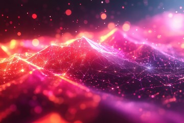 Poster - Futuristic landscape with glowing network of interconnected points and lines in red and purple colors