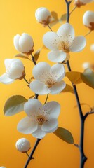 Leinwandbilder - Minimalist Branch with Delicate White Flowers on Pastel Yellow Background