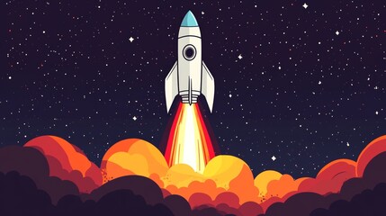 Leinwandbilder - Simple Clean Easy Lines Minimalistic Rocket Launching Into Space White Background