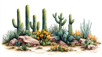 Leinwandbilder - Simple color illustration of desert sand and cacti in a zen space with a white background