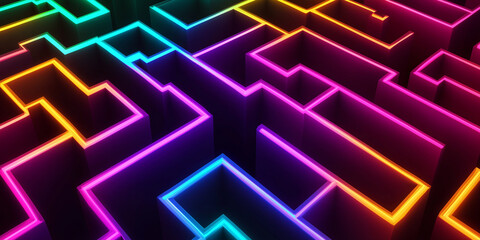 Poster - Neon labyrinth glowing with vibrant rainbow colors creating complex pattern