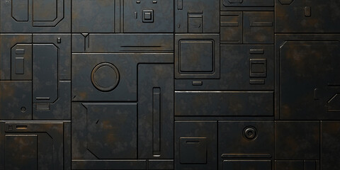 Poster - Dark metal plates forming futuristic industrial surface