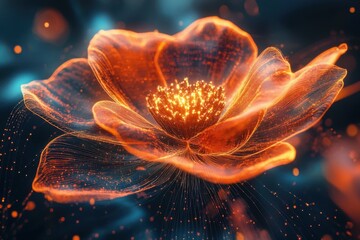 Poster - Ethereal Orange Flower Glowing with Digital Light on Dark Background Capturing the Essence of Abstract Art and Modern Technology
