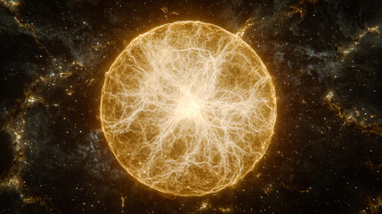 Poster - Bright yellow ball of light in space creating a celestial energy field and ethereal atmosphere of evolving light spectrums and wonder.