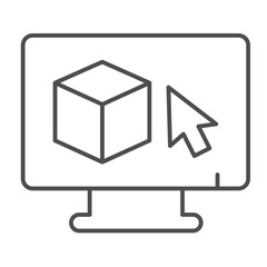Fototapete - Monitor with 3D square and cursor pointer thin line icon, architect studio concept. Vector graphics. Display with 3D program sign on white background, outline style icon for mobile or web design.