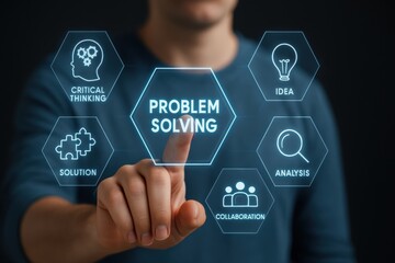 Poster - Problem Solving and Innovation: A person's finger interacts with a holographic graphic overlay, touching a button for 
