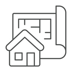 Poster - Building layout paper and house thin line icon, architect studio concept. Vector graphics. Project plan of cottage house sign on white background, outline style icon for mobile or web design.
