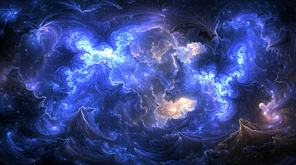 Poster - Beautiful blue and white swirly background creating an ethereal and dreamy atmosphere with glowing celestial silhouettes and cosmic energy.