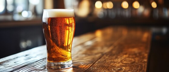 Poster - Refreshing pint of golden beer with frothy head on rustic wooden bar top in warm light ambiance