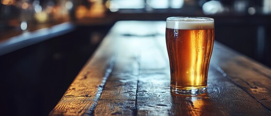 Poster - Refreshing golden beer in a glass on a rustic wooden bar top with blurred background capturing the essence of a relaxed evening at the pub