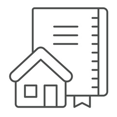 Poster - Architect notebook and house thin line icon, architect studio concept. Vector graphics. Notepad with cottage building sign on white background, outline style icon for mobile or web design.