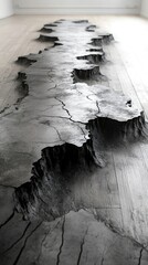 Poster - Dramatic Visual of a Cracked Earth Surface on a Wooden Floor Creating an Illusion of Depth and Texture in a Modern Interior Space