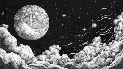 dramatic monochrome sketch of a celestial landscape featuring a detailed moon